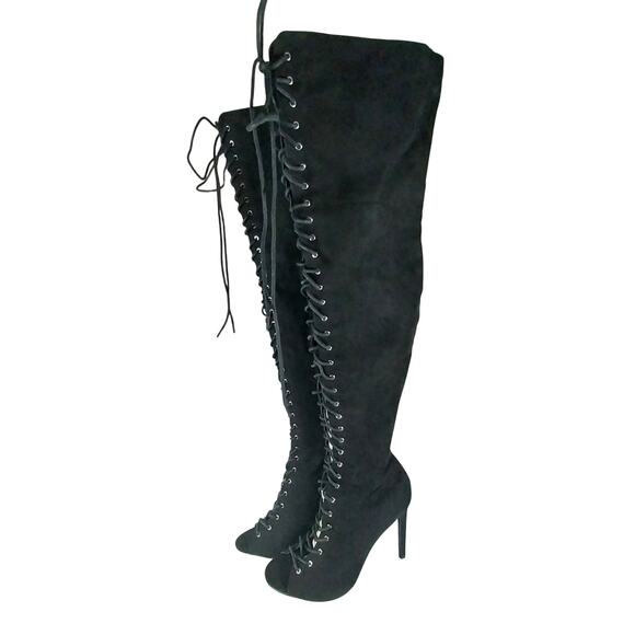LUXE BLACK VEGAN SUEDE LEATHER/MICROFIBER OVER THE KNEE SEXY BOOTS! SZ 10M - Picture 1 of 11